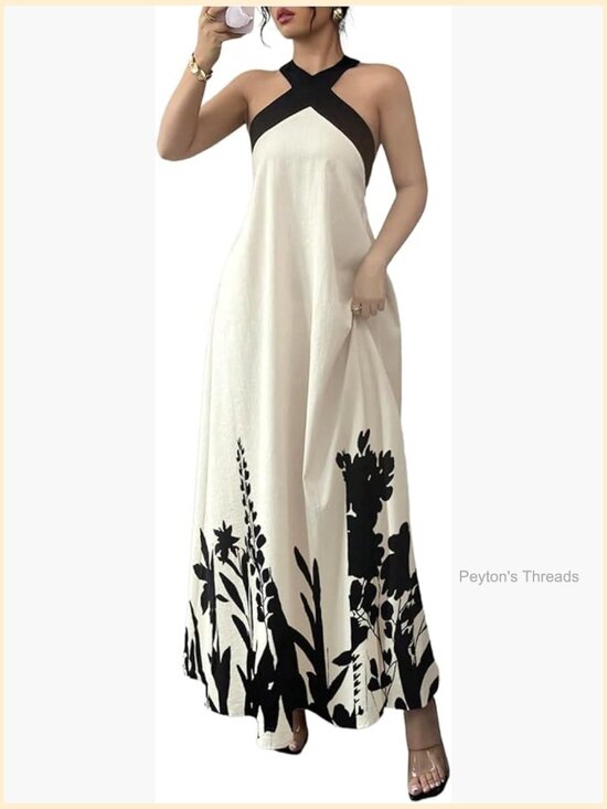 Dresses & Skirts - Halter Maxi Dress with Flowy A-Line Silhouette Beach Wedding Guest Sundress